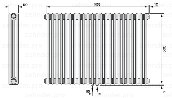 Схема (чертеж) Радиатор Zehnder Charleston 3280/23 №5410 Белый глянцевый RAL 9016